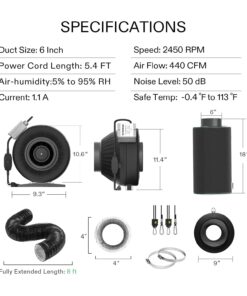 VIVOSUN Grow Tent Ventilation System Kit: 6 Inch 440 CFM Inline Fan with Speed Controller, 6 Inch Carbon Filter and 8 Feet Black Ducting with a Pair of Rope Hanger 13 613xkx7QfxL