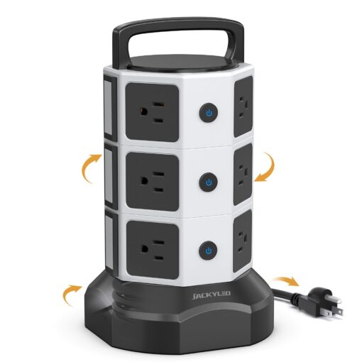 Power Strip Tower Surge Protector, JACKYLED 1625W 13A Outlet Surge Electric Tower, 12 Outlets 6 USB Ports Retractable Cord Charging Station with 16AWG 6.5ft Heavy Duty Extension Cord for Home Office Medium White Black