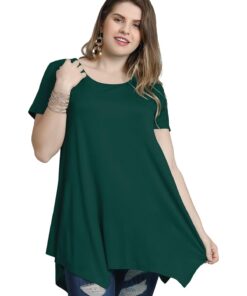 LARACE Short Sleeve Shirts for Womens Plus Size Tops Casual Summer Clothes Asymmetrical Tunic Blouses Dark Green 1X 10 6145AhB qgL