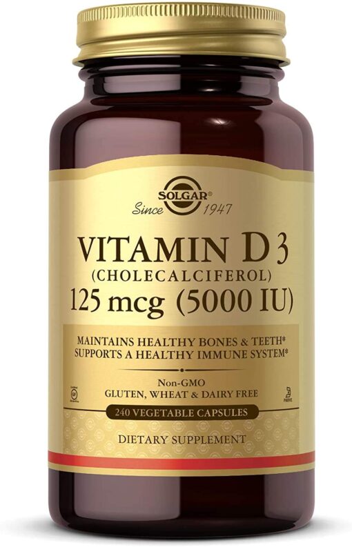 Solgar Vitamin D3 (Cholecalciferol) 125 mcg (5000 IU), 240 Vegetable Capsules - Helps Maintain Healthy Bones & Teeth - Immune System Support - Non-GMO, Gluten Free, Dairy Free, Kosher - 240 Servings 240 Count (Pack of 1)