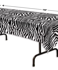 Beistle Zebra Print Tablecover, 54” x 108” – Plastic Table Cloth, Animal Print Tablecloth, Animal Safari Theme Decorations, Safari Table Cloth, Rectangular Table Cover, Zebra Stripe Decorations 14 6146NgfEYaS