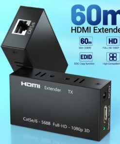 HDMI Extender, 1080P HDMI Transmitter and Receiver Up to 60 Meters(196ft), HDMI Ethernet Sender Repeater Over Singal RJ45 Cat5e/Cat6/Cat7 Ethernet LAN Cable, HDMI to RJ45 and RJ45 to HDMI Transmitter 34 614K4MsjZHL