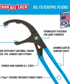 CHANNELLOCK 212 12-inch Oil Filter/PVC Pliers | Made in USA | 2.5 to 3.75-inch Jaw Capacity | Forged High Carbon Steel | Ideal for Engine Oil Filters, Conduit, and Fittings , Blue 7 614K4xRVyWL