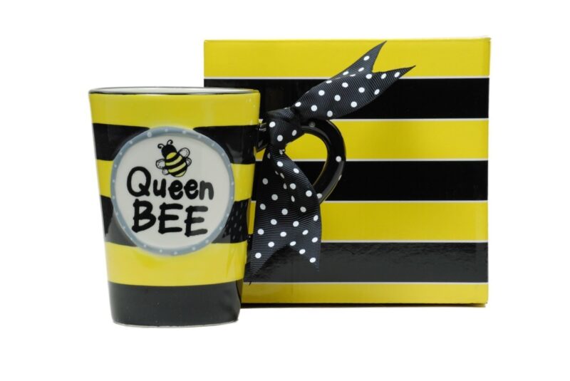 Catalog 4 Whimsical Queen Bee 13 oz Coffee Mug with Polka Dot Bow on Handle Gift Boxed