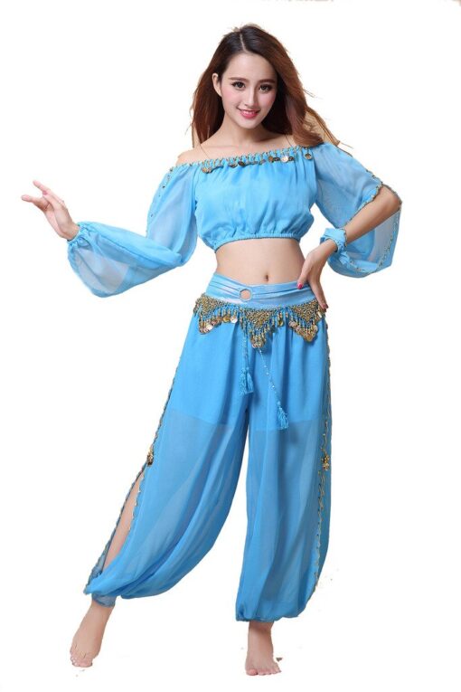 ZLTdream Belly Dance Chiffon Long Sleeves Top and Lantern Coins Pants Black, One Size Light Blue