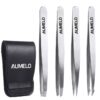 Tweezers Set 4-Piece Professional Stainless Steel Tweezers Gift with Travel Case by Aumelo - Best Precision Eyebrow and Splinter Ingrown Hair Removal Tweezer Tip,No Colored & Chemical Free Silver