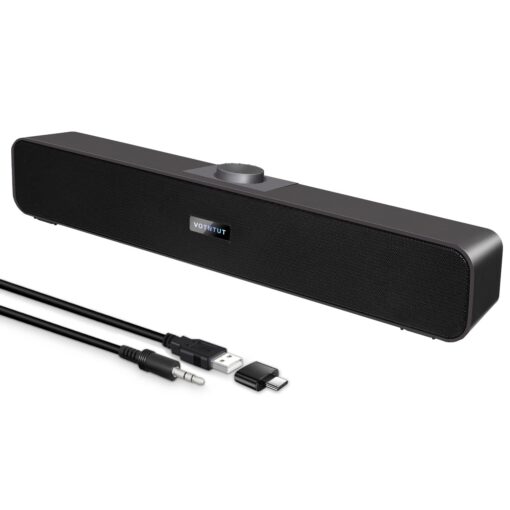 VOTNTUT Computer Speakers,Wired USB Desktop Speaker,Stereo USB Powered Mini Sound Bar Speaker for PC Tablets Desktop Laptop MP3 Mac Air/Pro((USB-C to USB Adapter Included) (Black) Black