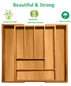 Expandable Bamboo Silverware Organizer 6-8 Slots Adjustable Amazing Drawer Inserts with Deep Dividers. EASY TO INSTALL, Storage of Flatware , Cutlery, Wooden or Stainless Utensil - Kitchen Knives 29 614ruu3otL