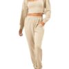 Herseas Women's 3 Piece Outfits Cropped Pullover Elastic Sweatpants Tracksuit With Tank Top Sweatsuit Lounge Sets Small Apricot