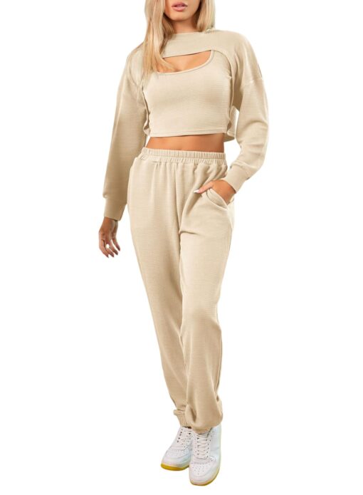 Herseas Women's 3 Piece Outfits Cropped Pullover Elastic Sweatpants Tracksuit With Tank Top Sweatsuit Lounge Sets Small Apricot