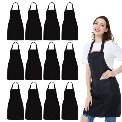 NOBONDO 12 Pack Bib Apron - Unisex Black Apron Bulk with 2 Roomy Pockets Machine Washable for Kitchen Crafting BBQ Drawing