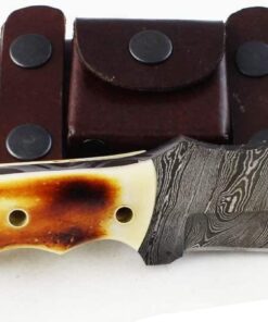 Moorhaus Handmade Damascus Burnt Camel Bone Tracker Knife with Leather Case 11 6152RpITdjL