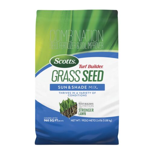 Scotts Turf Builder Grass Seed Sun & Shade Mix with Fertilizer and Soil Improver, Thrives in Many Conditions, 2.4 lbs. 1 Pack 2.4 lb.