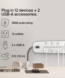 Belkin USB Power Strip Surge Protector - 12 AC Multiple Outlets & 2 USB Ports - 6 ft Long Flat Plug Extension Cord for Home, Office, Travel, Computer Desktop & Charging Brick - White (3,996 Joules) 1 Pack 23 6155own50dL