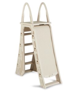 Confer Plastics 7200 Roll Guard 48" to 56" Adjustable A Frame Safety Ladder for Above Ground Outdoor Patio Swimming Pool Platform Ladder with Step Barrier, Warm Grey 34 615A7arsIeL