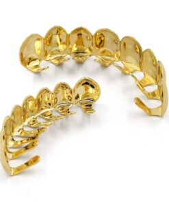 JINAO 18K Gold Plated Gold Finish 8 Top Teeth 8 Bottom Tooth Hip Hop Mouth Grills for Men and Women Gold Set 17 615SDTWnWmL