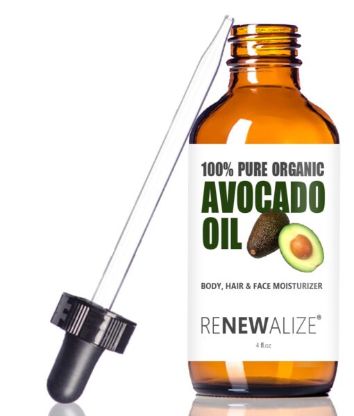 Renewalize ORGANIC AVOCADO OIL - Skin Moisturizer Cold Pressed and Unrefined in 4 oz Dark Glass Bottle with Dropper | Enhances Hair's Natural Shine | Softens and Moisturizes Severely Dry Skin