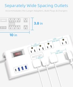 Alternative view of BESTEK 8 AC Outlet, 5 Feet Extension Cord Power Strip with 3 USB-A 2.4A 1USB-C 3A, MAX Output 1625W 13A, 600Joule, Ultra-Compact Wide Spaced Outlet for Large Plug 6ft - 600 Joules 2 White