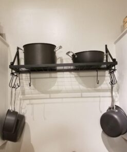 30" Wall mounted pots and pans rack. Pot holders wall shelves with 12 hooks. Kitchen shelves wall mounted with wall hooks. Kitchen storage pot holder pot rack. Pot pan organizer. Pot Pan rack. 33 616Inp bf0L