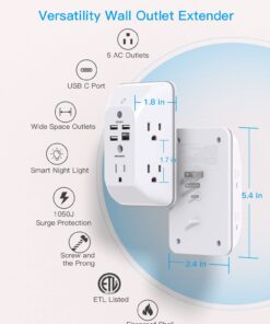 Outlet Extender with Night Light, Multi Plug Outlet, USB Wall Charger Surge Protector 4 USB Charging Port(1USB C), Power Strip Electrical Outlet Splitter Expander for Home Office Dorm Room ETL Listed 5 AC + 3 USB A +1 USB C & Light 20 616STy0e8zL