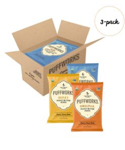 Alternative view of Puffworks Three Flavor Variety Pack Organic Peanut Butter Puffs, Plant-Based Protein Snack, Gluten-Free, Kosher 3.5 Ounce (Pack of 3) 3.50 Ounce (Pack of 3)
