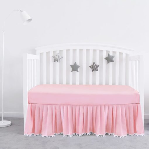 Pink Crib Skirt Pleated with White Lovely Pompoms, Bedding Dust Ruffle for Baby Girls, 14" Drop, Fit All Standard Crib Bed, Fade Resistant Crib Bed Skirt Machine Wash Tassel Pink