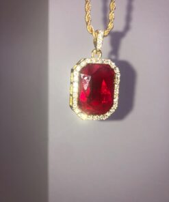 Mens 14k Gold Plated Iced Out Red Ruby Octagon Hip Hop Pendant with 3mm 24" Rope Chain M3 17 616jHagsJRL