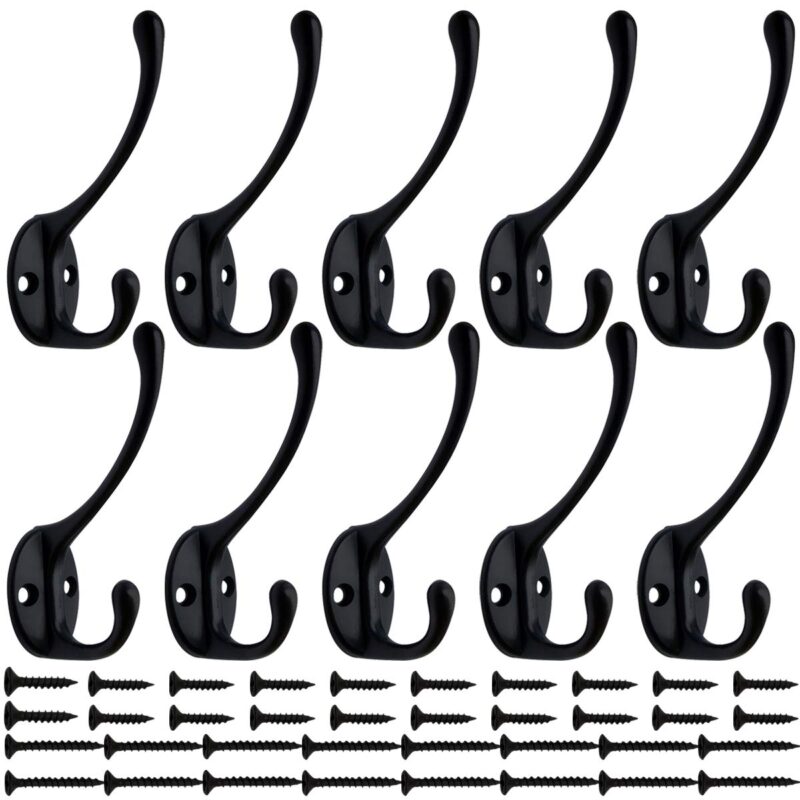 Catalog 7 IBosins 10 Pack Heavy Duty Dual Coat Hooks Wall Mounted with 40 Screws Retro Double Hooks Utility Black No Rust Hooks for Coat, Scarf, Bag, Towel, Key, Cap, Cup, Hat (Black)