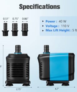 KEDSUM 550GPH Submersible Pump(2500L/H, 40W), Ultra Quiet Water Pump with 5ft High Lift, Fountain Pump with 6.5ft Power Cord, 3 Nozzles for Fish Tank, Pond, Aquarium, Statuary, Hydroponics Blue 28 6172NhrAzgL