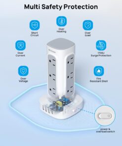 TROND Surge Protector Power Strip Tower - Flat Plug 6 ft Extension Cord with 12 Multiple Outlets, 4 USB Ports(1 USB C), Multi Plug Charging Tower, 1700J, for Home Office Supplies, Dorm Room Essentials 34 617G2EvG6ML