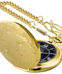 Realpoo Both Sides Gold Carved Flower Quartz Pocket Watch Quartz Movement, Quartz Pocket Watches with Chain Clip for Men-Gold 13 617S0sCpvML