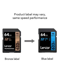 Lexar Professional 633x 64GB SDXC UHS-I Cards, Up To 95MB/s Read, for Mid-Range DSLR, HD Camcorder, 3D Cameras, LSD64GCB1NL633 (Product Label May Vary) Single 20 617T6xjorhS