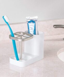 mDesign Plastic Toothbrush Storage Organizer Holder with Cup for Bathroom, Vanity, Countertop Space - Holds Brushes, Toothpaste, Floss, Dental Accessories - White/Satin 19 617VtD19NqL