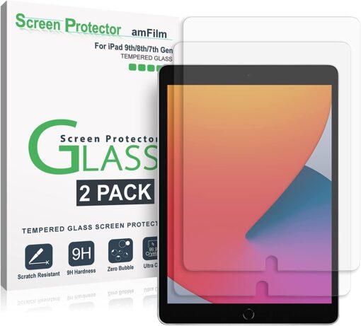 amFilm Screen Protector for New iPad 9 / iPad 8 / iPad 7, Apple Pencil Compatible, Tempered Glass, 2 Pack