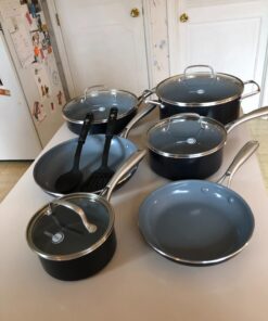 GreenPan Swift Healthy Ceramic Nonstick, 12 Piece Cookware Pots and Pans Set, Stainless Steel Handles, PFAS-Free, Dishwasher Safe, Oven Safe, Black Saucepan Set 32 617cePynvWL