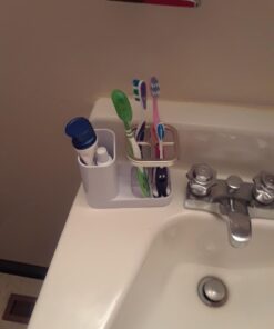 mDesign Plastic Toothbrush Storage Organizer Holder with Cup for Bathroom, Vanity, Countertop Space - Holds Brushes, Toothpaste, Floss, Dental Accessories - White/Satin 34 617rIbEfML
