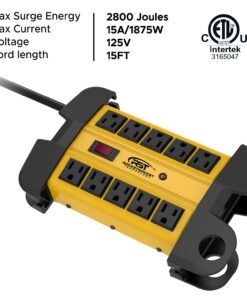 Alternative view of CRST 10-Outlets Heavy Duty Power Strip Metal Surge Protector with 15 Amps, 15-Foot Power Cord 2800 Joules for Garden, Kitchen, Office, School, ETL Listed(3165047) (10-Outlet, Yellow) 15FT