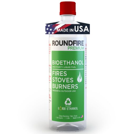 ROUNDFIRE Premium Ethanol Fireplace Fuel - 1 Liter - Fuel for Fire, Bioethanol Fuel Tabletop Fire Pit, Bio Ethanol Fuel for Table Top Fire Pit, Denatured Alcohol Fuel for Gel & Ethanol Fire pits. 1 pack