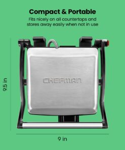 Chefman Panini Press Grill and Gourmet Sandwich Maker Non-Stick Coated Plates, Opens 180 Degrees to Fit Any Type or Size of Food, Stainless Steel Surface and Removable Drip Tray, 4 Slice, Black 29 618PVN8s9oL