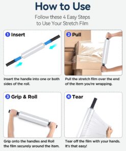 Stretch Wrap Film-2 Pack 15 inch Wide 1000ft Heavy Duty Shrink Wrap,60 Gauge 500% Stretch Industrial Strength for Pallet Wrap, Furniture Wrapping Moving & Protection,2 Roll with Handles 2 Pack(with Handles) 10 618kRk1nCnL