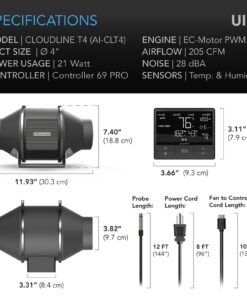 AC Infinity CLOUDLINE PRO T4, Quiet 4” Inline Duct Fan with Temperature Humidity VPD Controller, WiFi Integrated App Control - Ventilation Exhaust Fan for Heating Cooling, Grow Tents, Hydroponics 4-Inch PRO, Smart Controller 32 618oV xYw2L