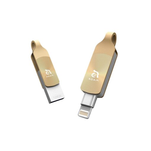 ADAM elements iKlips Duo+ 128GB MFi Certified Premium Flash Drive Compatible with iPad, iPhone (128GB, Glamour Gold) Glowing Amber