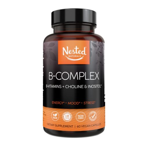 Nested Naturals B-Complex B Vitamins Plus Choline & Inositol | B Vitamins Complex B1, B2, B3, B5, B6, B7, B9 Supplement with Pure Methyl Vitamin B 12 | Energy & Immunity Support | 60 Vegan Capsules