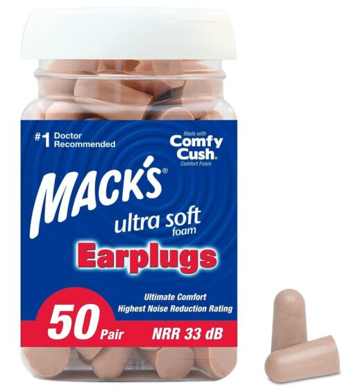 Mack's Ultra Soft Foam Earplugs, 50 Pair - 33dB Highest NRR, Comfortable Ear Plugs for Sleeping, Snoring, Travel, Concerts, Studying, Loud Noise, Work | Made in USA