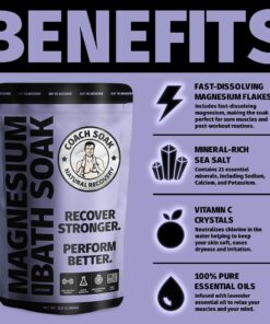 Coach Soak: Recovery Bath Soak - Absorbs Faster Than Epsom Salt Bath Soak for Pain – Rejuvenating Post Workout Magnesium Flakes -21 Minerals, Essential Oils & Bath Salts (Calming Lavender) Calming Lavender 3 Pound (Pack of 1) 21 619bpuZf4qL