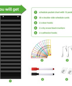 REGELETO 15+1 Pockets Daily Schedule Pocket Chart with 30 Pcs Double-Sided Reusable Cards, Scheduling Pocket Chart for Classroom Office Home Preschool Activity(Black)… 15 Pockets 14 619d3quG 9L