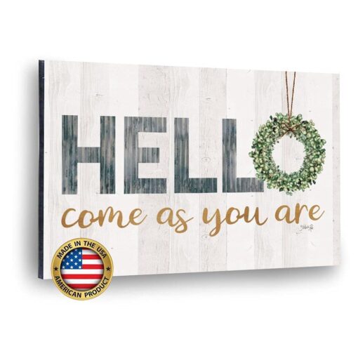 Marla Rae "HELLO, Come As You Are" Wooden Wall Art - Blessed Signs for Home Decor, Best Cursive Wood Art for Home, Office, Schools, Foyer, Entryway, Living Room, Party Decoration Hello Sign (18"x12")