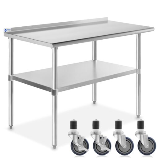 GRIDMANN Stainless Steel Table 48 in. x 24 in., NSF Commercial Kitchen Prep & Work Table w/ Backsplash and Wheels 48 in Long x 24 in Deep