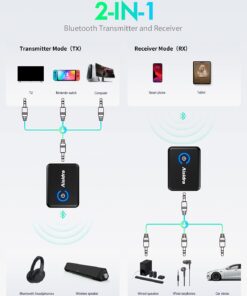 Alternative view of Aisidra Bluetooth Transmitter Receiver V5.0 Bluetooth Adapter for Audio, 2-in-1 Bluetooth AUX Adapter for TV/Car/PC/MP3 Player/Home Theater/Switch, Low Latency, Pairs 2 Devices Simultaneously Black