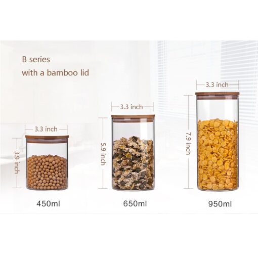Newerlives Air Tight Storage Jar, Glass Storage Tank with a Natural Bamboo Lid, 450 ML, 650 ML, 950 ML (Bamboo, 450ML) - Image 2